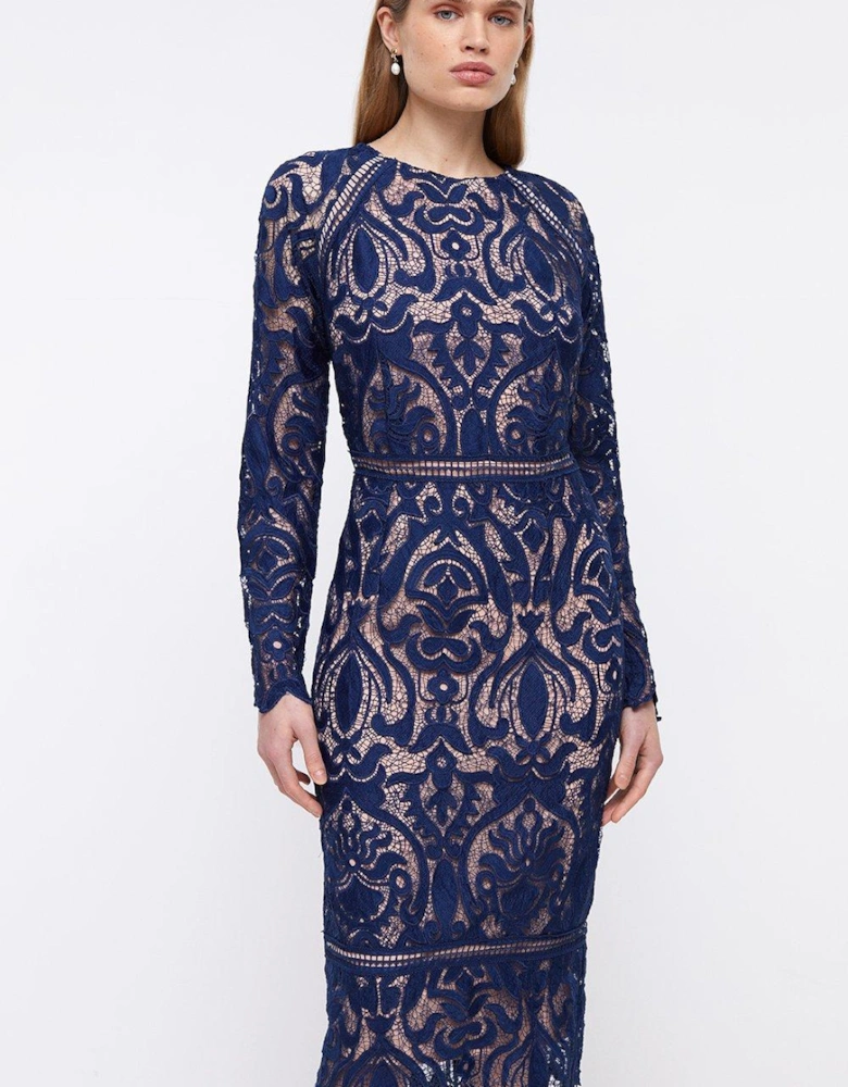 Contrast Lining Placement Lace Pencil Dress