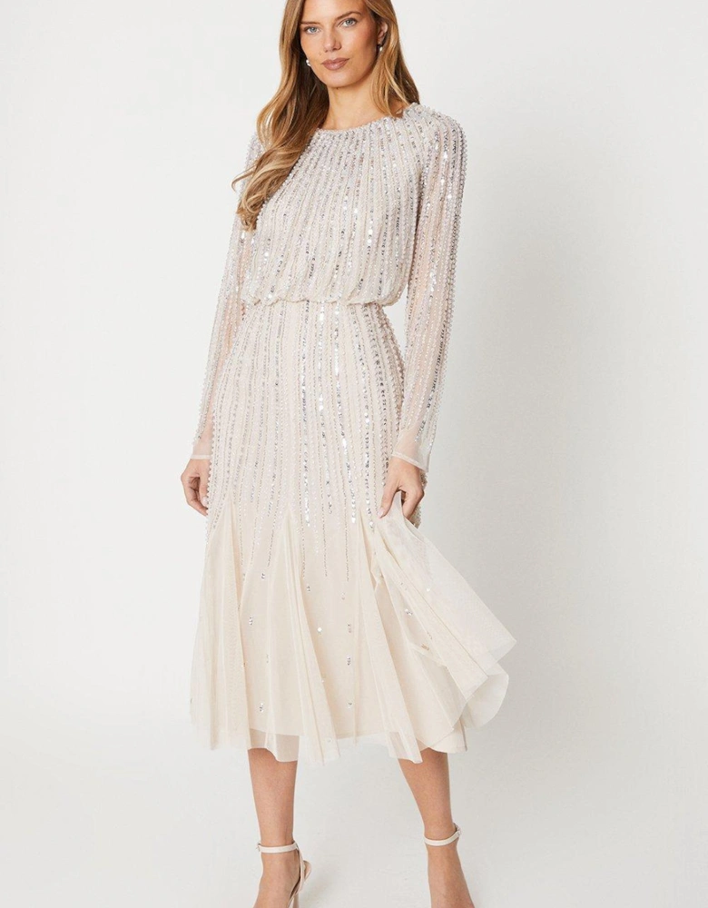 Linear Sequin Embellished Long Sleeve Midi Dress