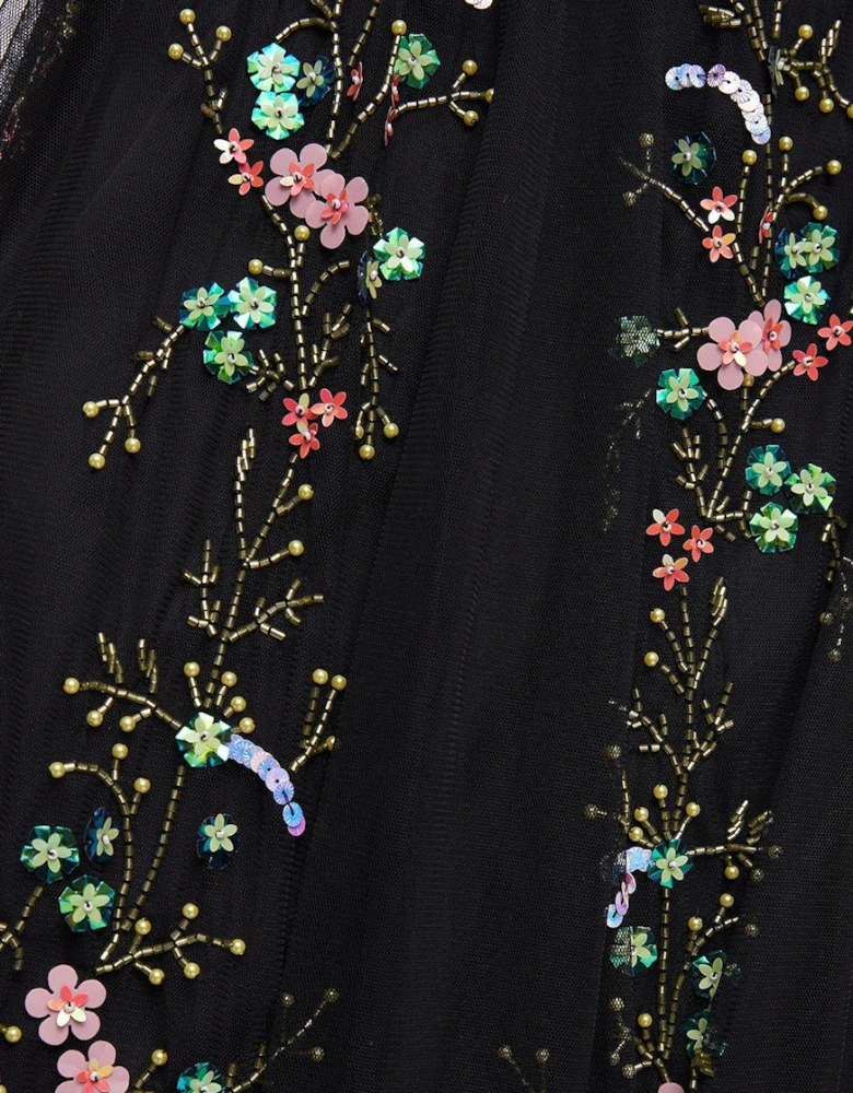 Petite Hand Embellished Sequin Floral Panelled Maxi Dress