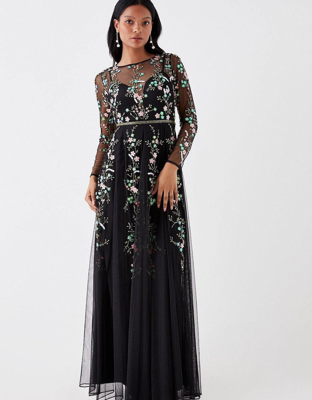 Petite Hand Embellished Sequin Floral Panelled Maxi Dress, 7 of 6