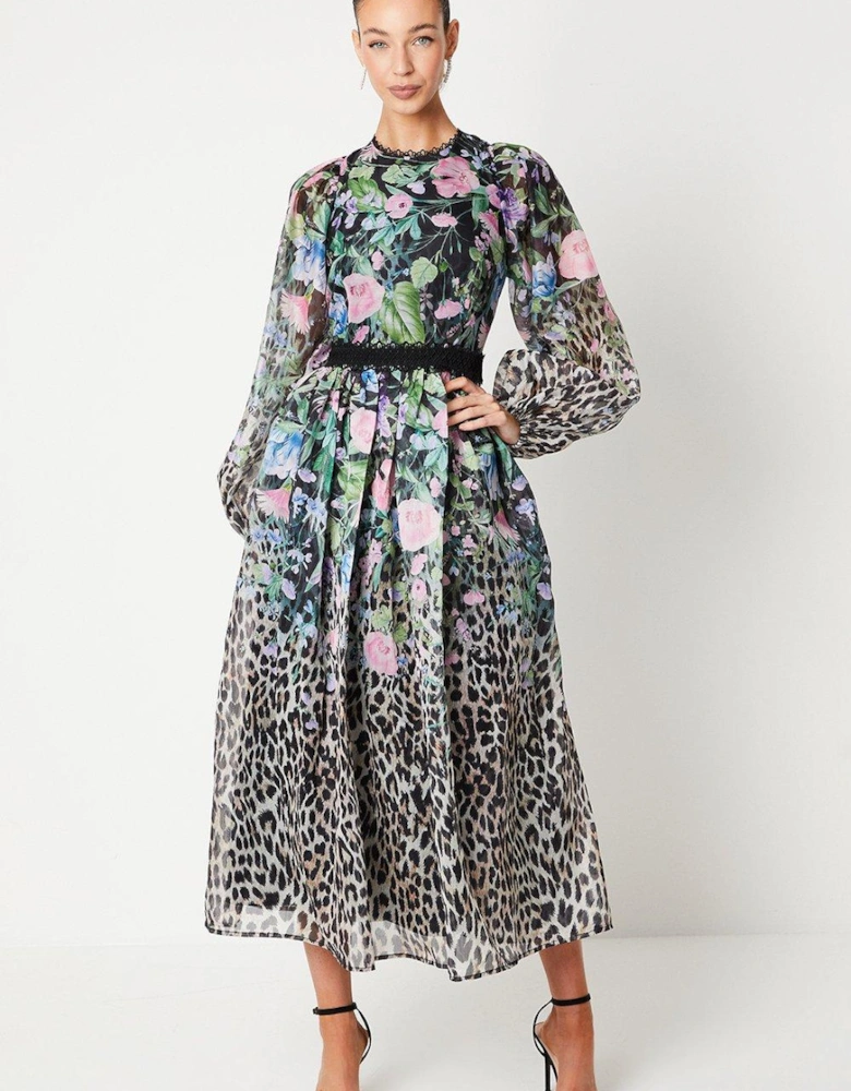 Printed Organza Blouson Sleeve Midi Dress