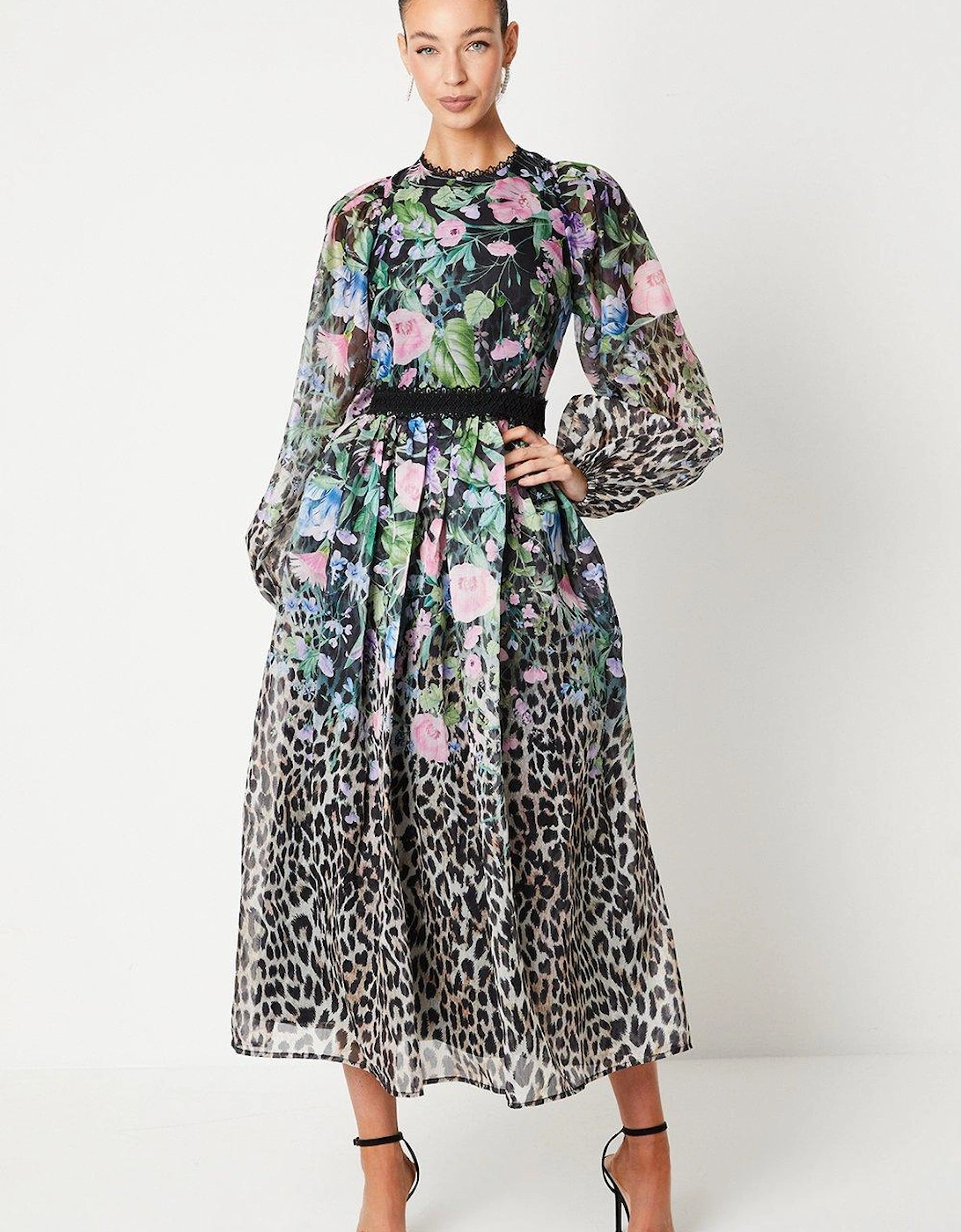 Printed Organza Blouson Sleeve Midi Dress, 2 of 1