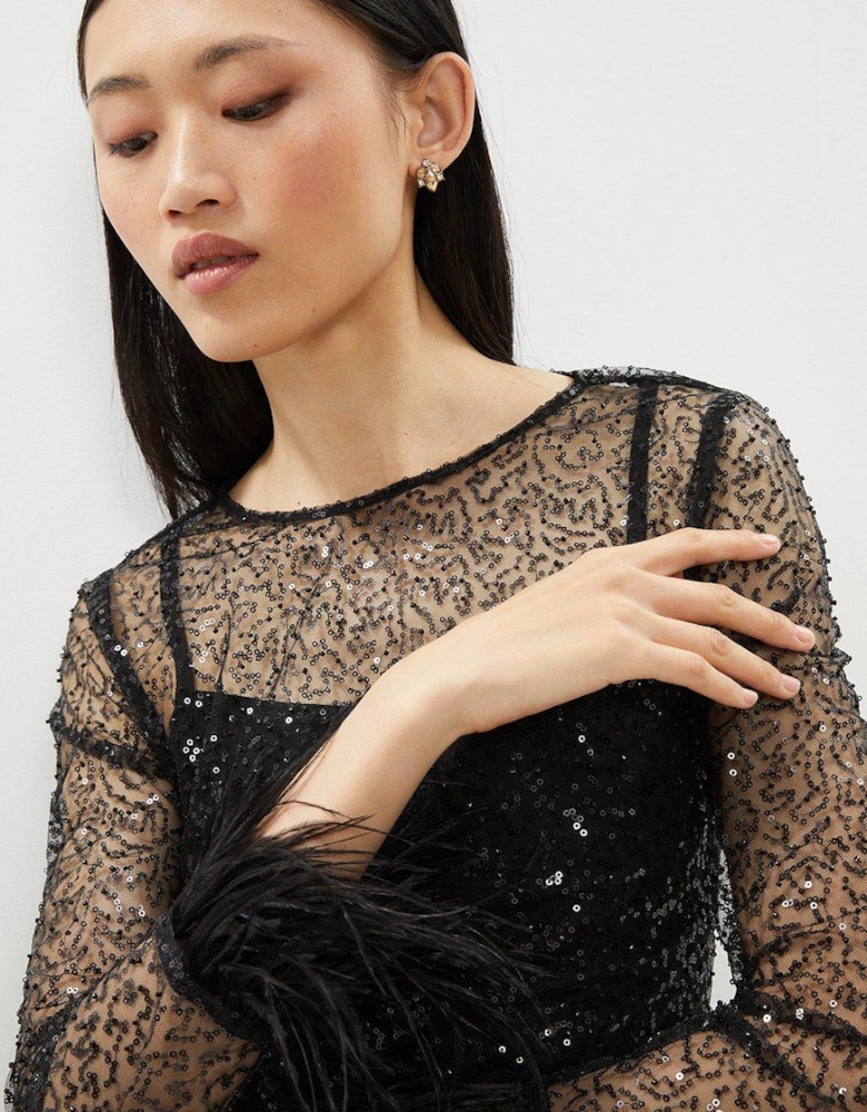 Feather Cuff Sequin Top