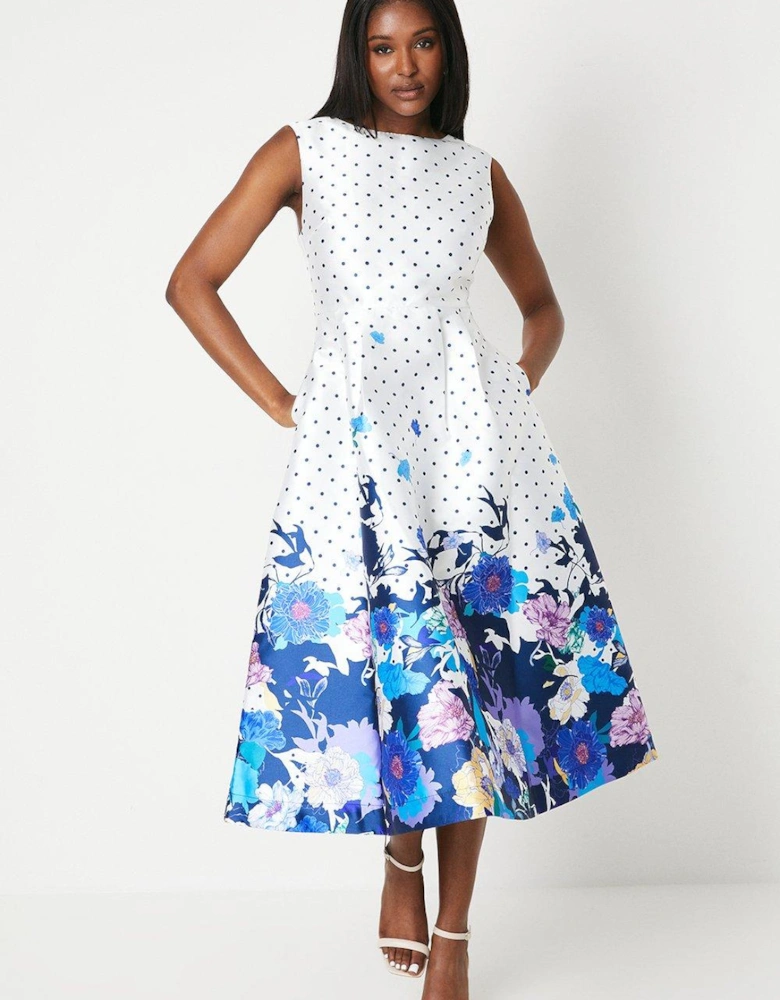Spot & Floral Placement Print Twill Dress