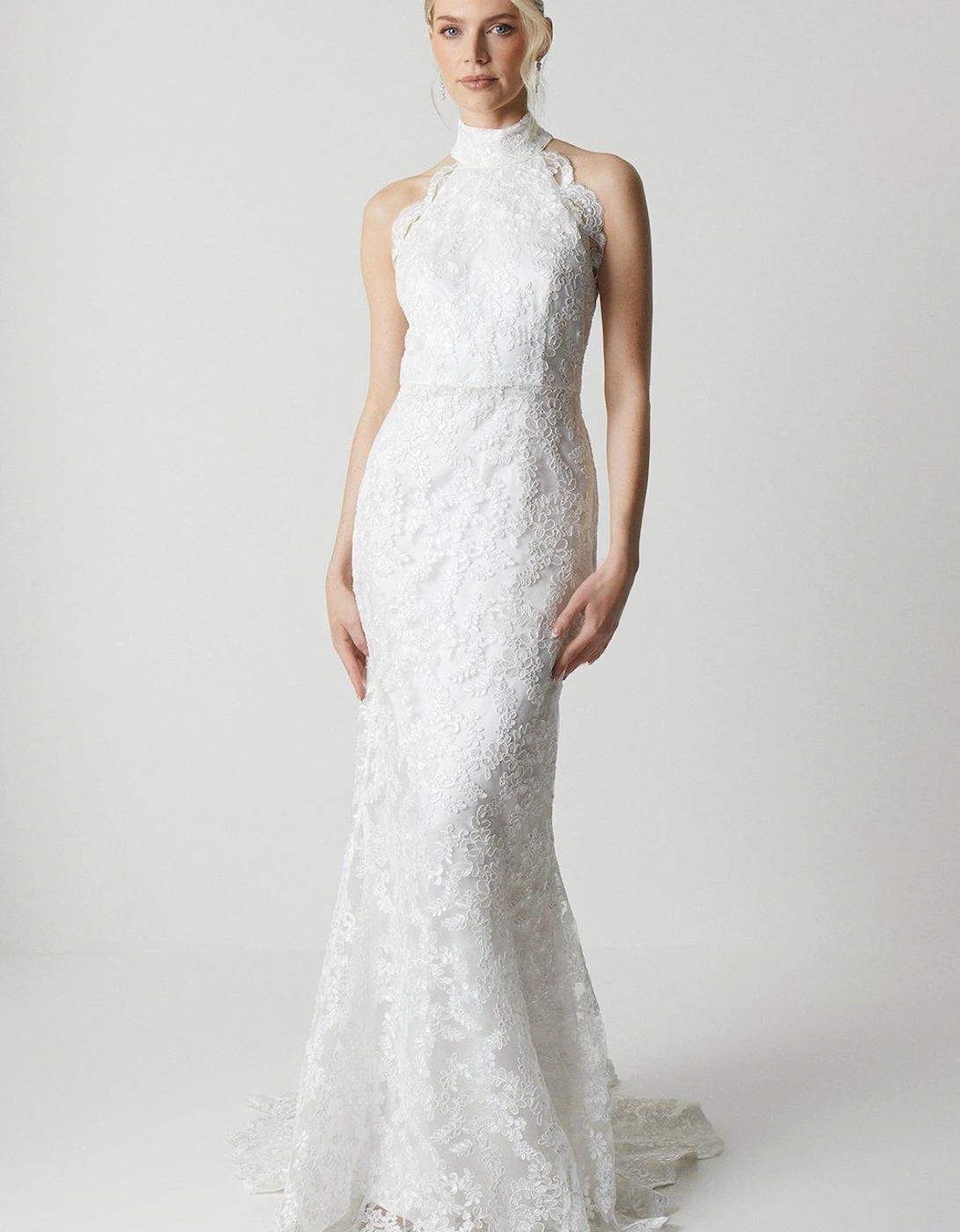 High Neck Embroidered Mesh Wedding Dress With Train, 5 of 4