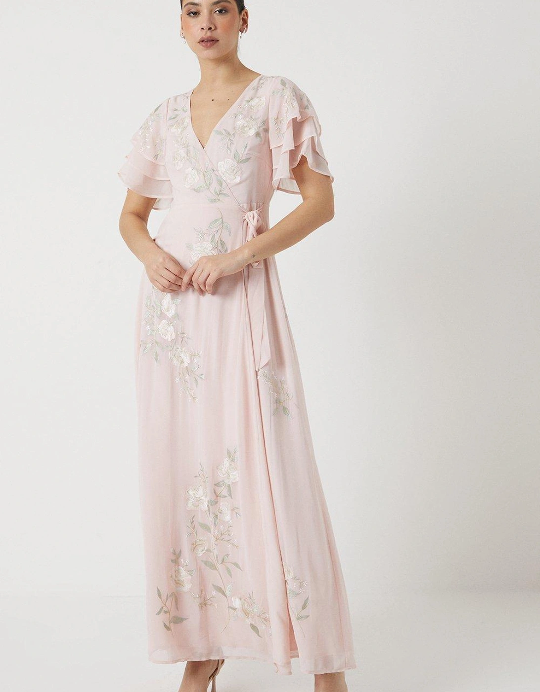 Rose Embroidered Flutter Sleeve Wrap Bridesmaids Maxi Dress, 6 of 5