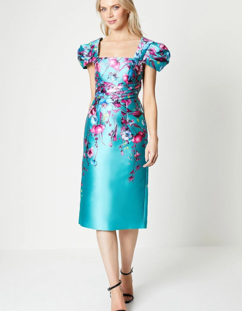 Printed Twill Pencil Dress With Puff Sleeve