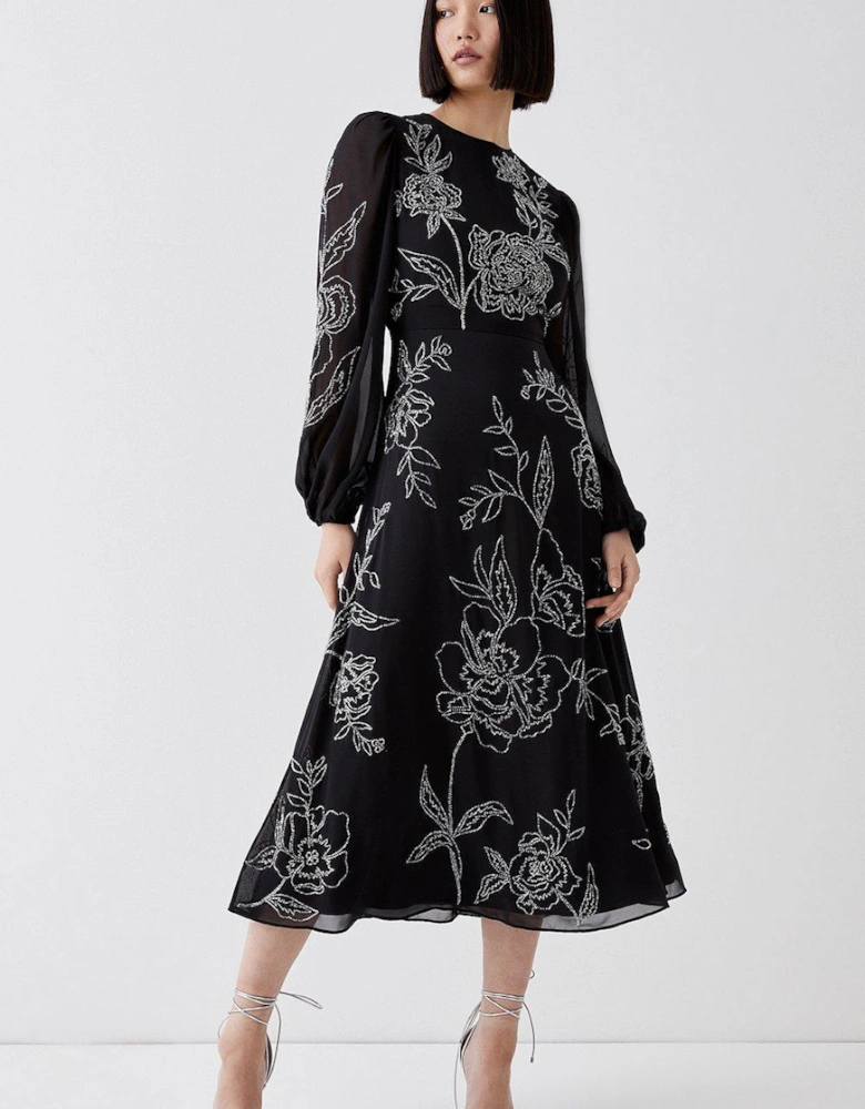 Premium Beadwork Floral Midi Dress