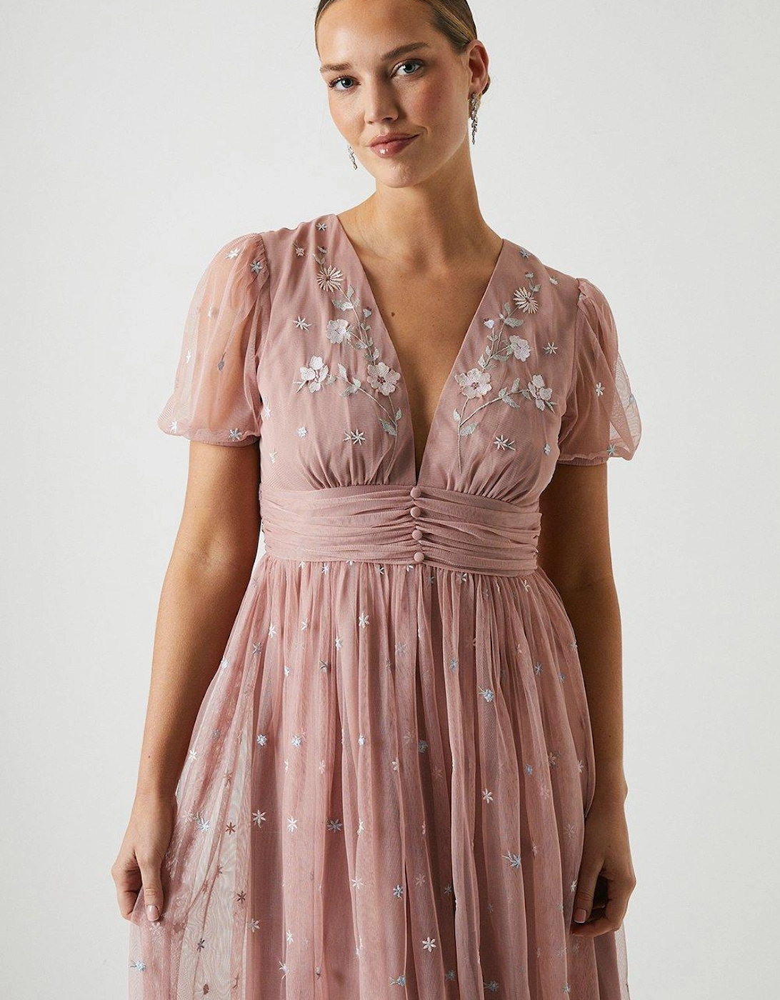 Embroidered Wildflower Mesh Bridesmaids Midi Dress