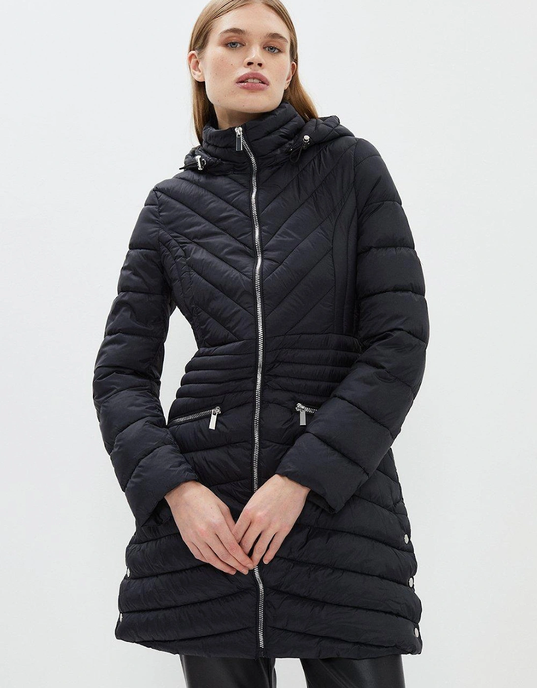 Puffer Hooded Packable Mid Length Jacket