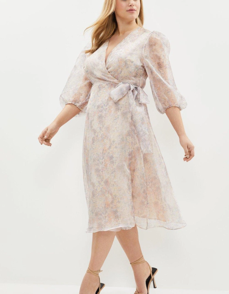 Plus Size Printed Shimmer Organza Wrap Dress
