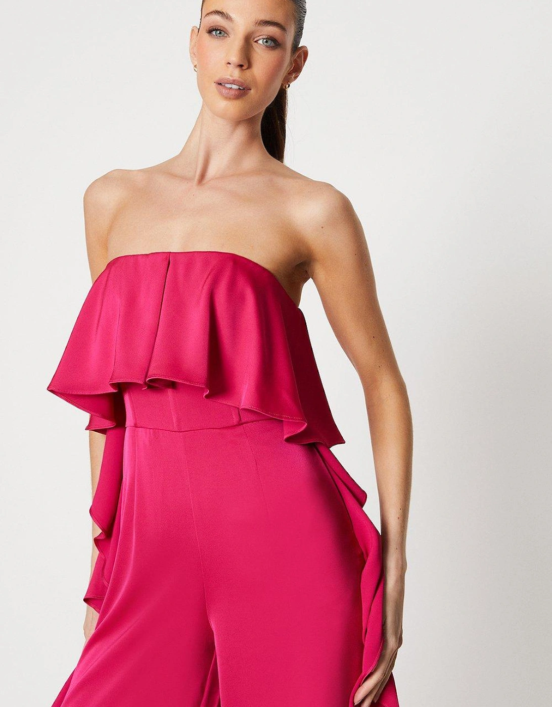 Satin Bandeau Jumpsuit With Ruffle