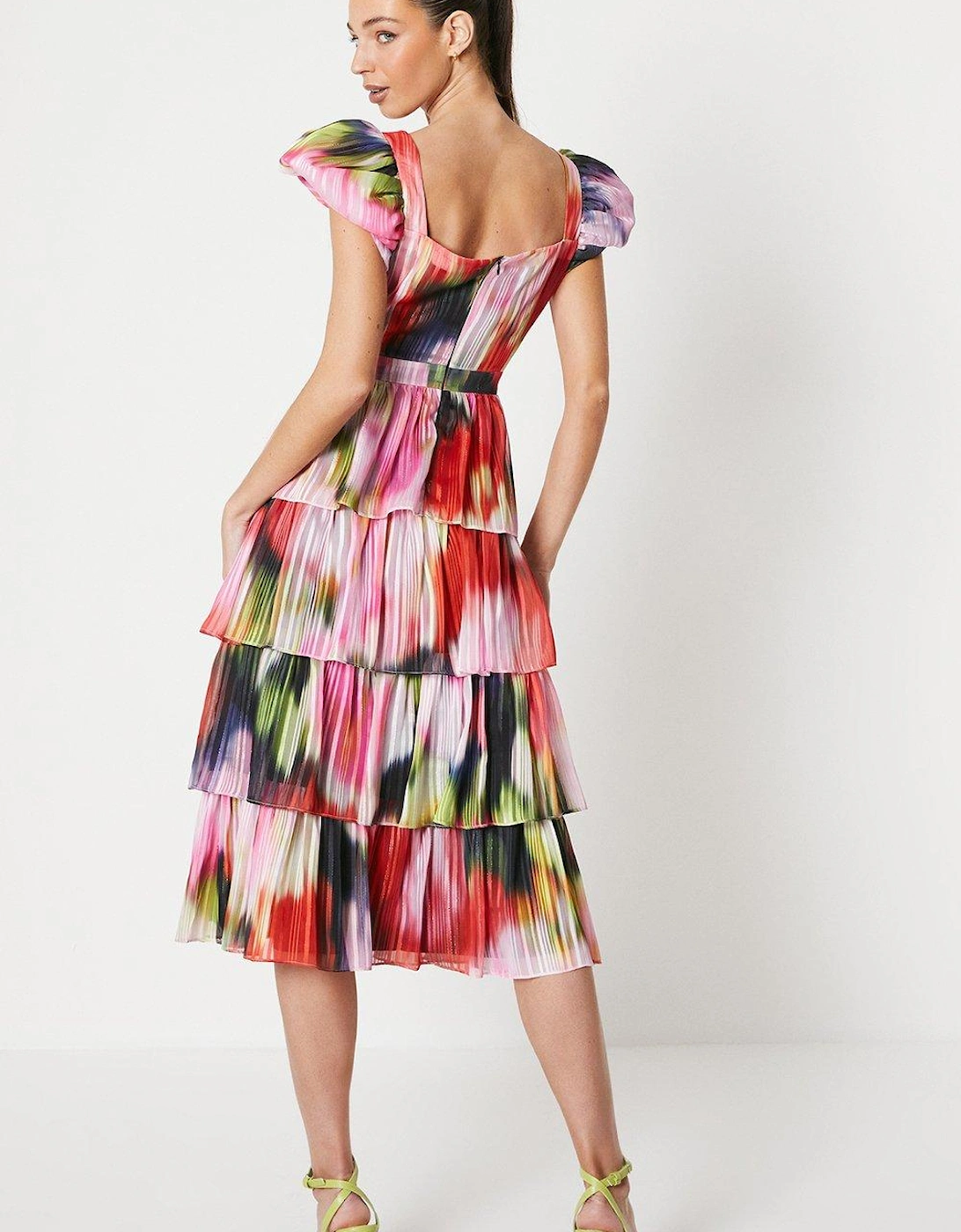Floral Stripe Organza Layered Ruffle Dress