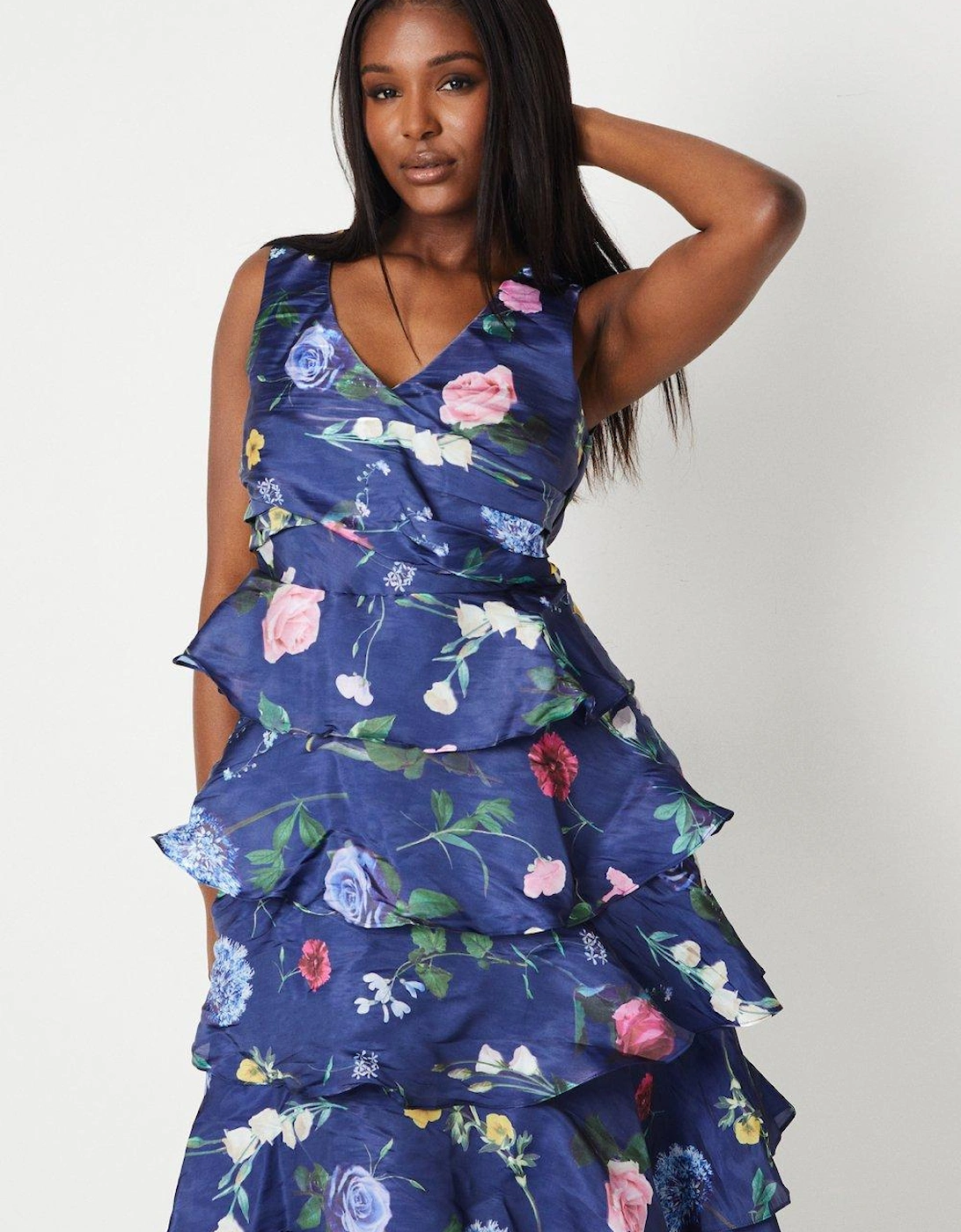 Glossy Printed Wrap Bodice Tiered Skirt Midi Dress
