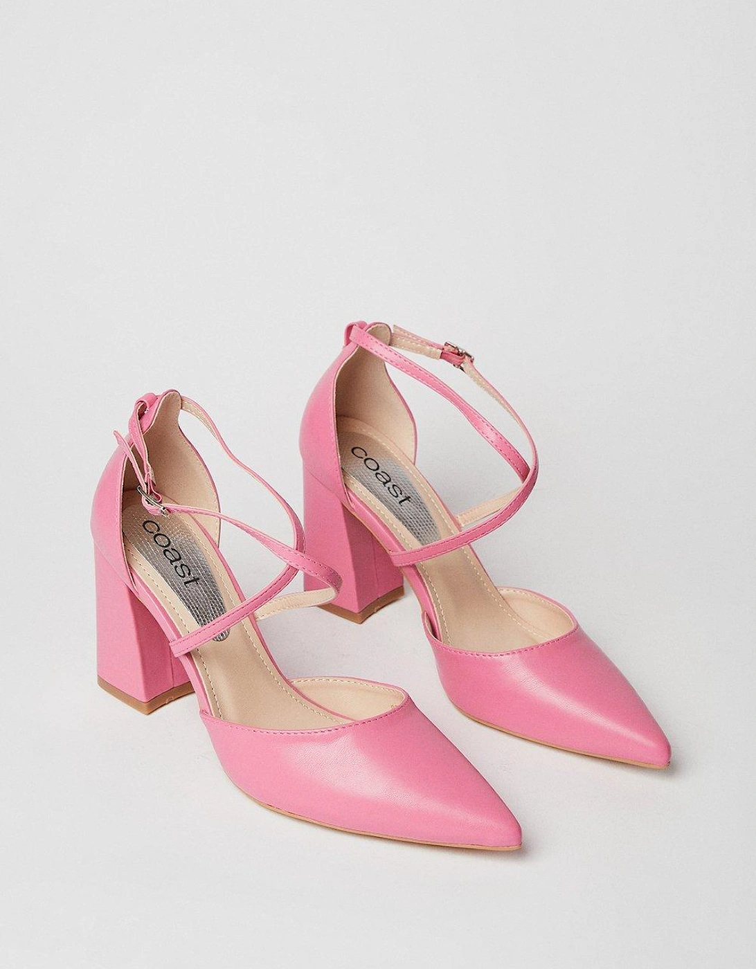 Treat Cross Strap Pointed Block Heel Court Shoes