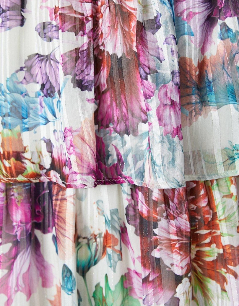 Floral Stripe Organza Layered Ruffle Dress