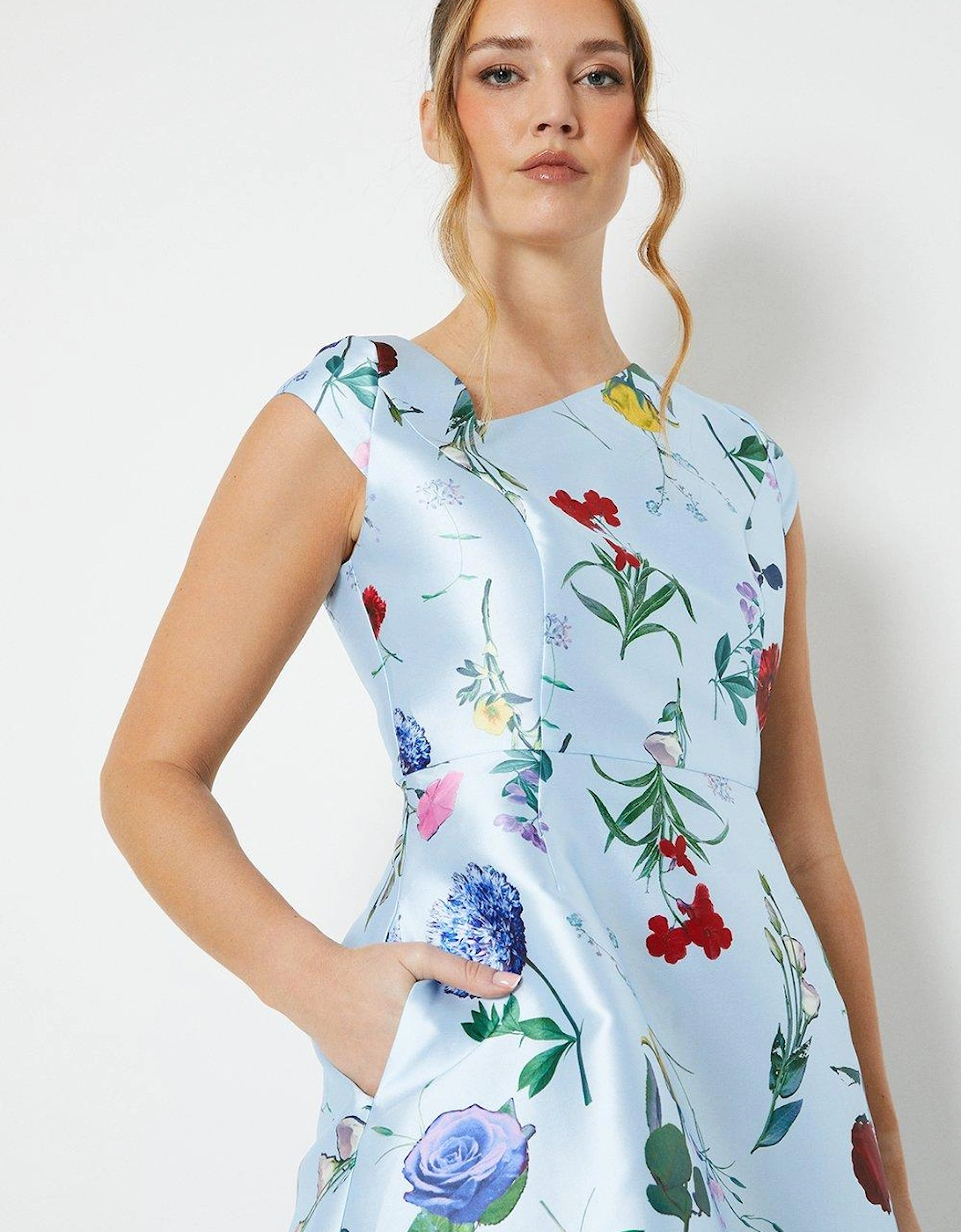 Printed Twill Asymmetric Seam Midi Dress