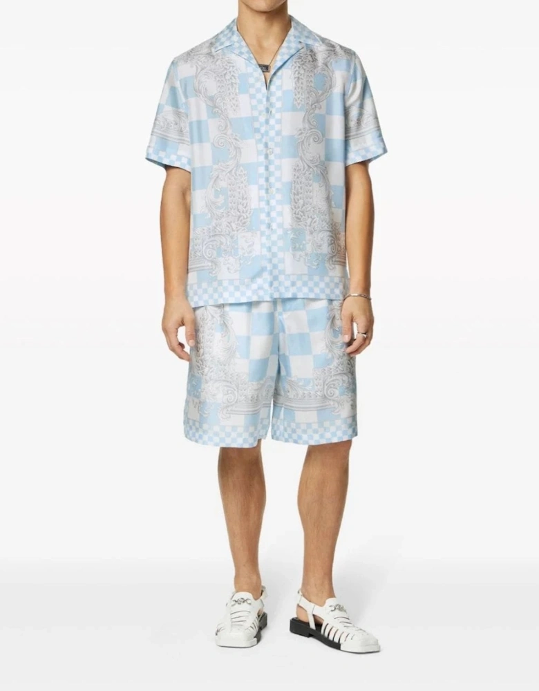 Medusa Check Silk Twill Shorts Blue