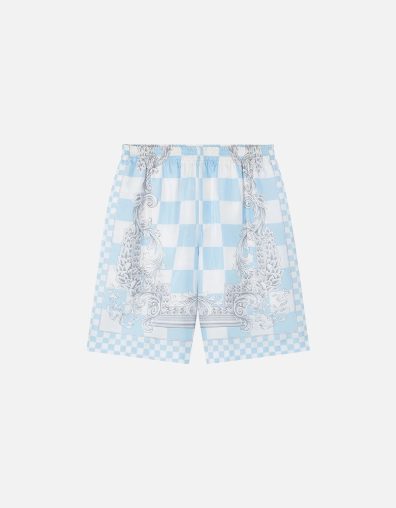 Medusa Check Silk Twill Shorts Blue