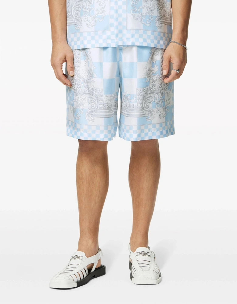 Medusa Check Silk Twill Shorts Blue