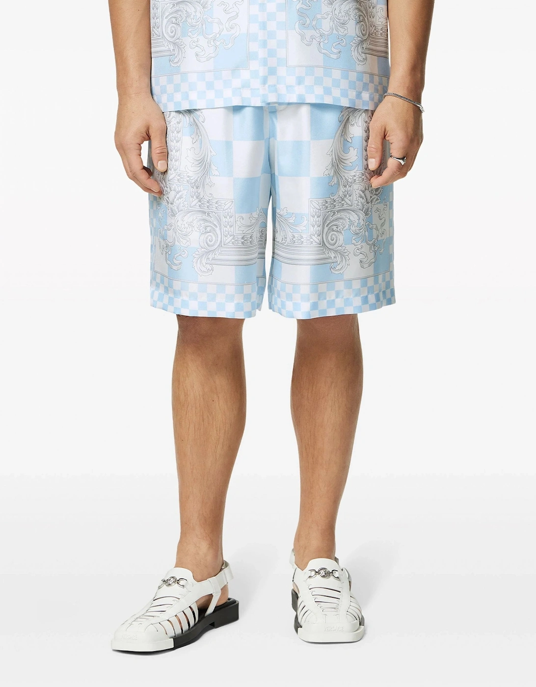 Medusa Check Silk Twill Shorts Blue