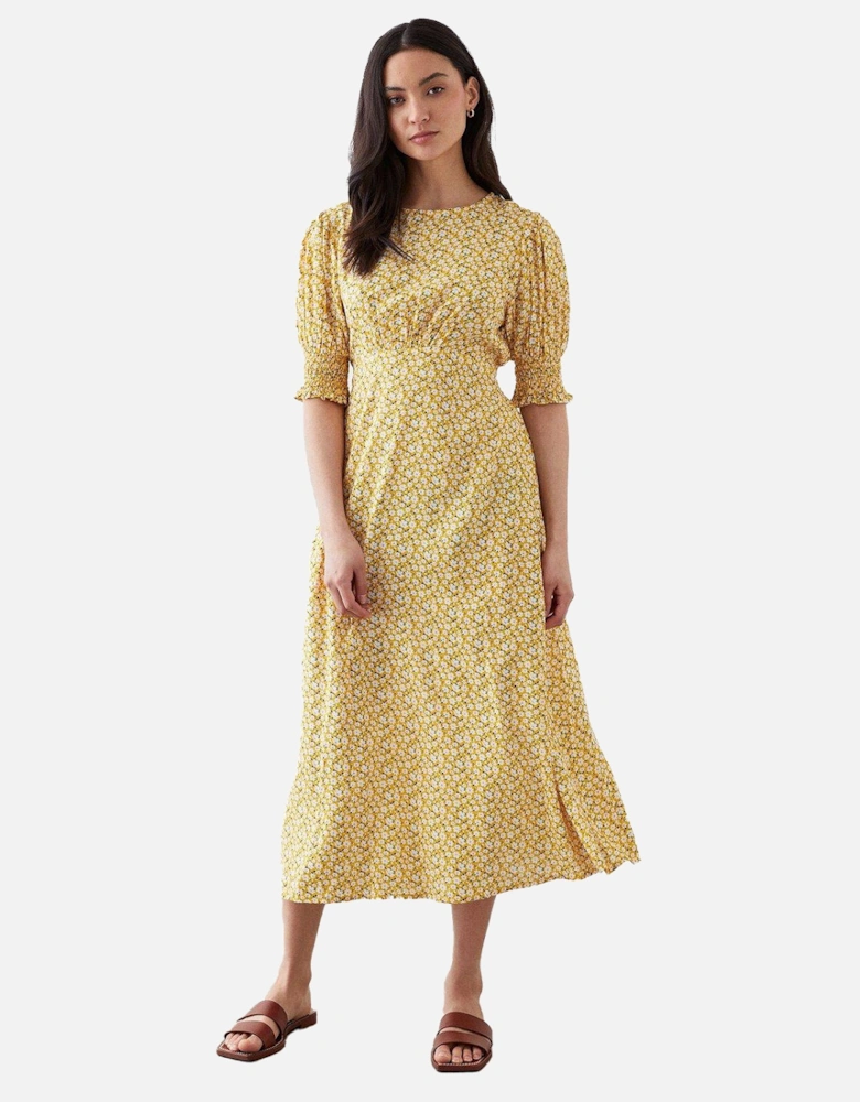 Womens/Ladies Ditsy Print Shirred Cuff Petite Midi Dress