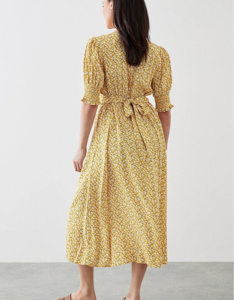 Womens/Ladies Ditsy Print Shirred Cuff Petite Midi Dress