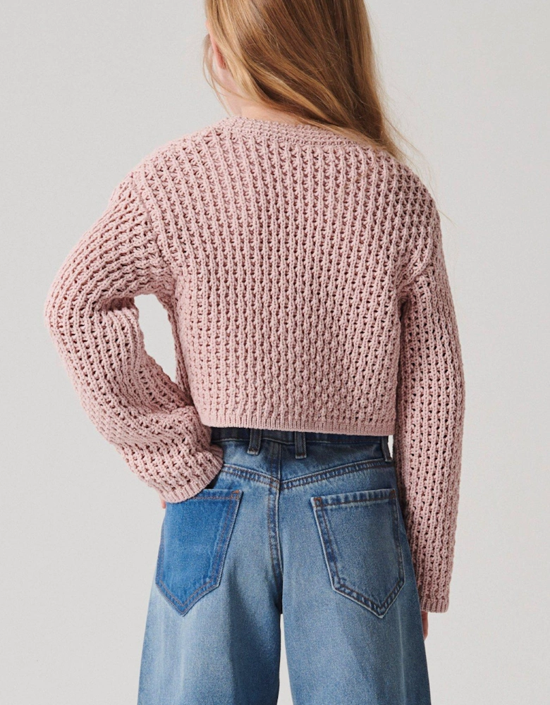 Girls Crochet Crop Cardigan - Pink