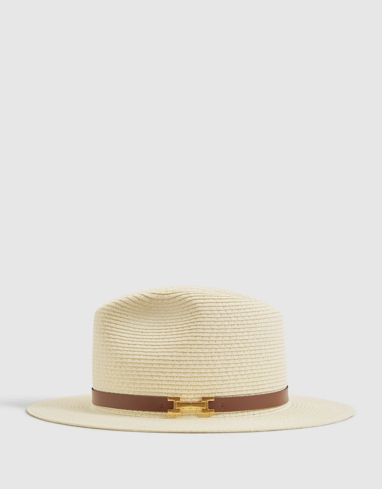 Faux Leather Trim Woven Hat