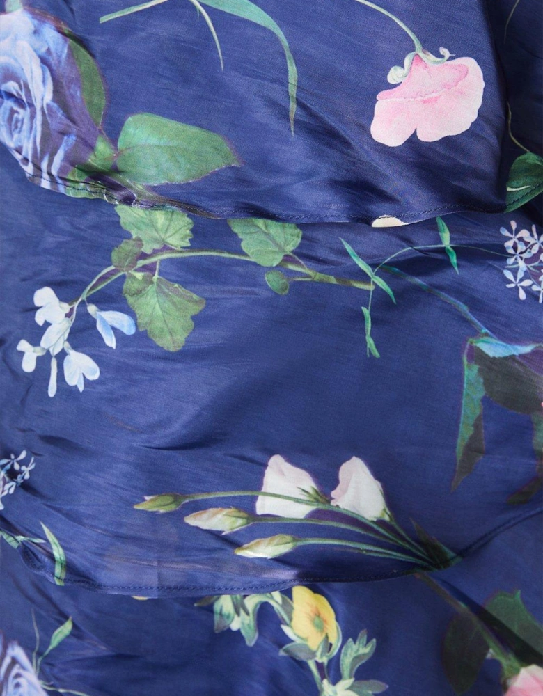 Glossy Printed Wrap Bodice Tiered Skirt Midi Dress