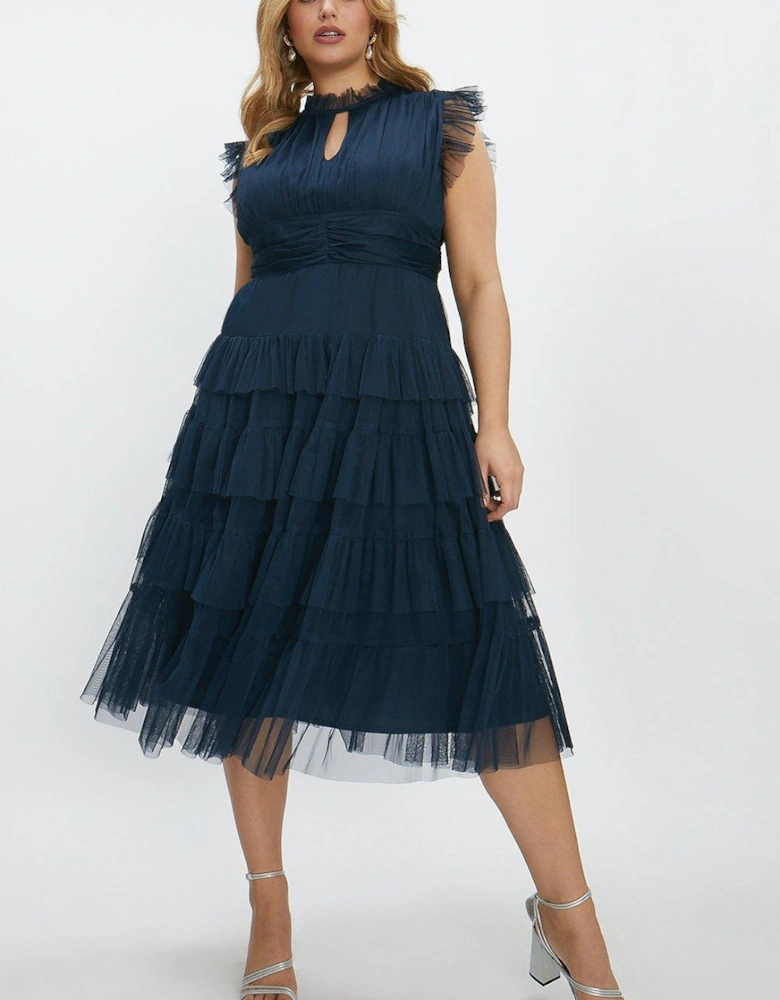 Plus Size Tulle Tiered Frill Sleeve Dress