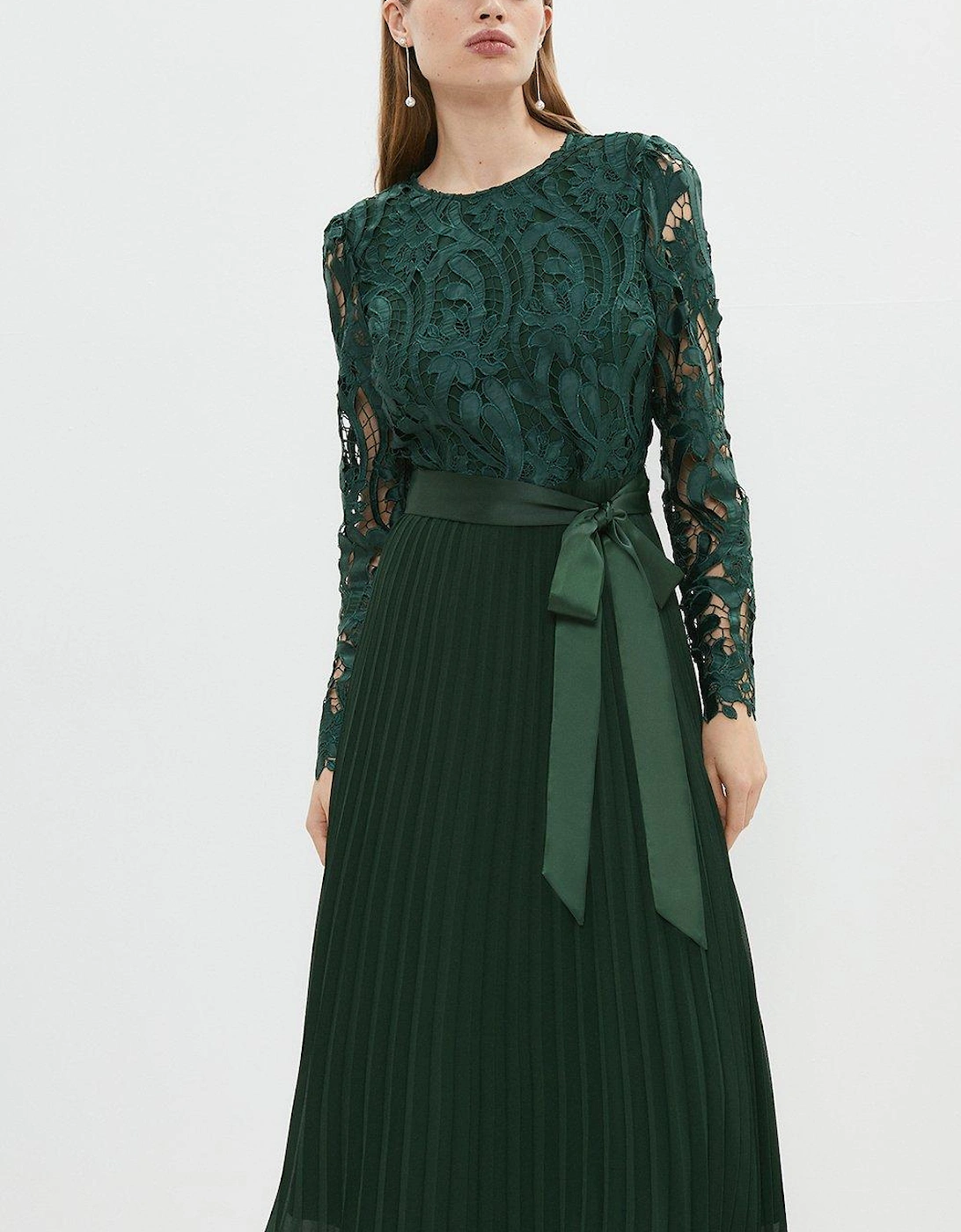Long Sleeve Lace Bodice Pleat Skirt Midi Dress, 5 of 4
