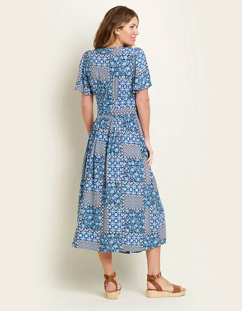 Women's Folk Floral Patchwork Dress Blue