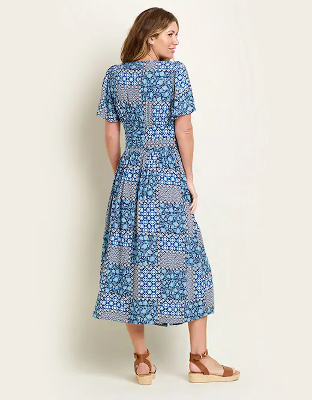 Women's Folk Floral Patchwork Dress Blue