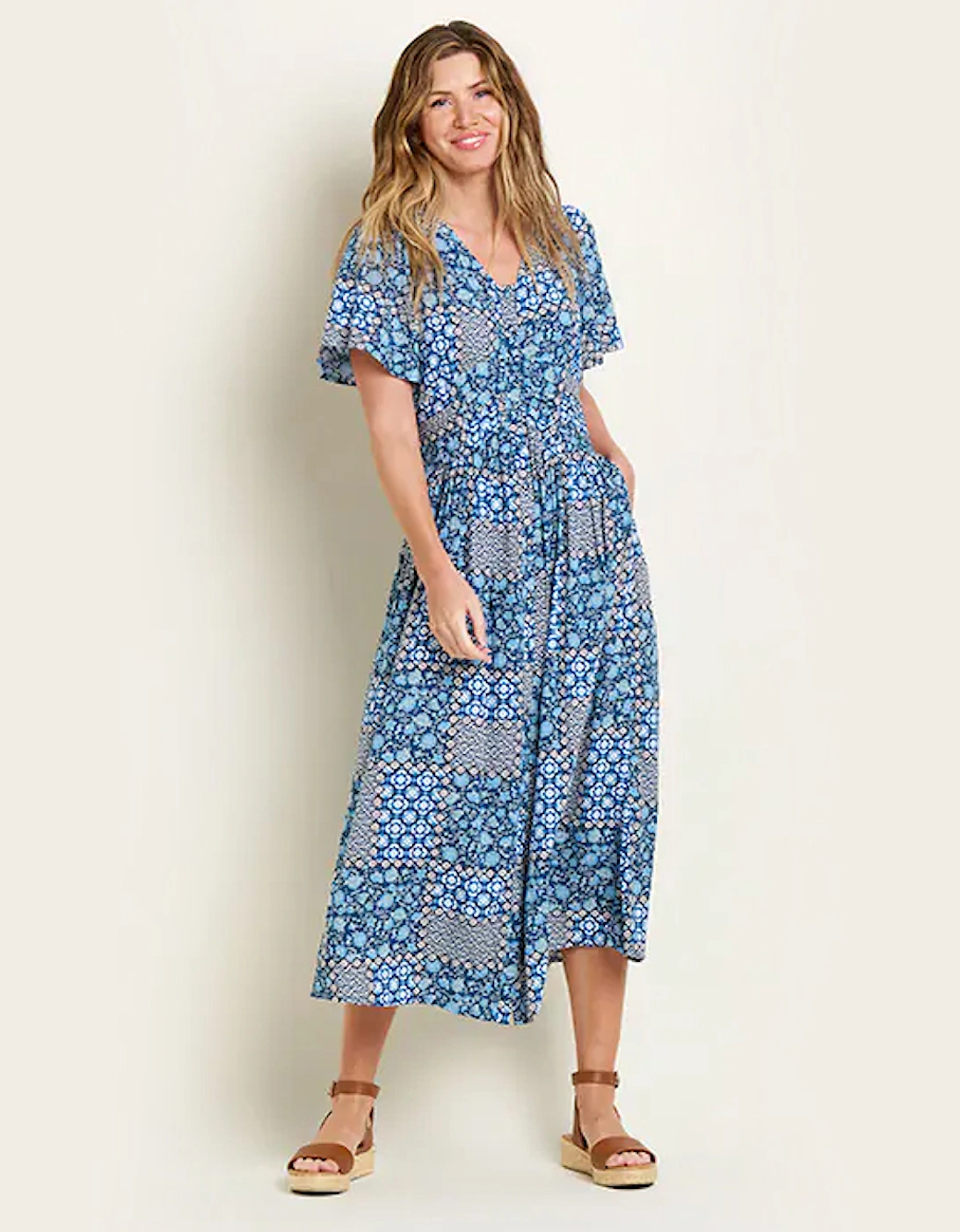 Women's Folk Floral Patchwork Dress Blue, 6 of 5