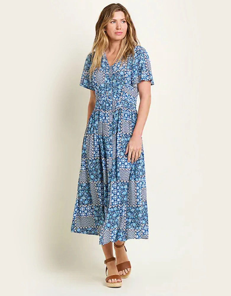 Women's Folk Floral Patchwork Dress Blue