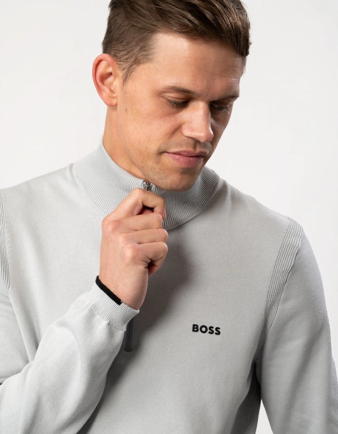 BOSS Green Ever-X Mens Cotton Blend Zip-Neck Sweater with Logo Print