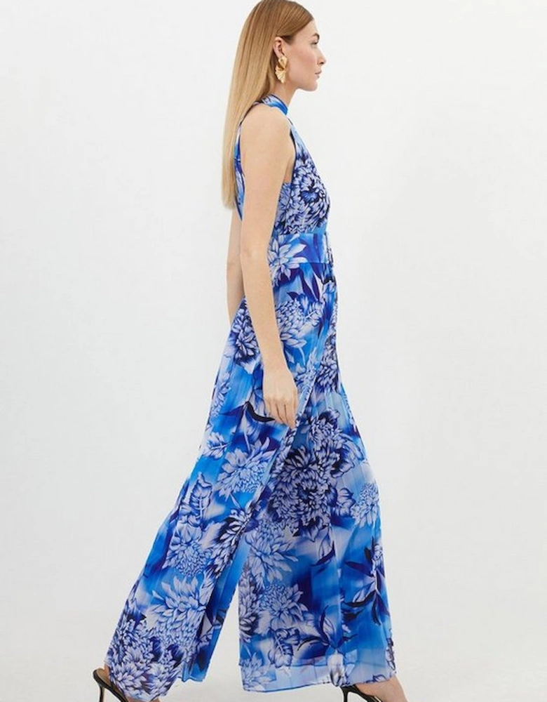 Blue Floral Georgette Woven Halter Pleated Jumpsuit