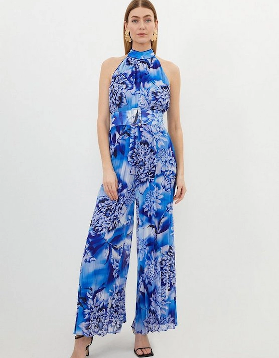 Blue Floral Georgette Woven Halter Pleated Jumpsuit, 5 of 4