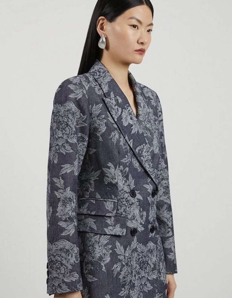 Tailored Floral Denim Double Breasted Blazer