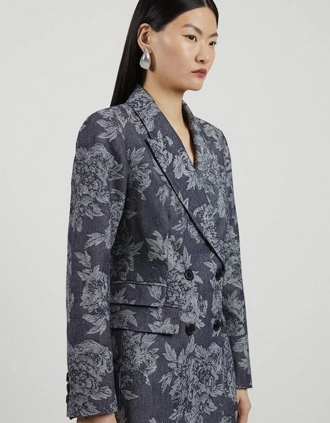 Tailored Floral Denim Double Breasted Blazer