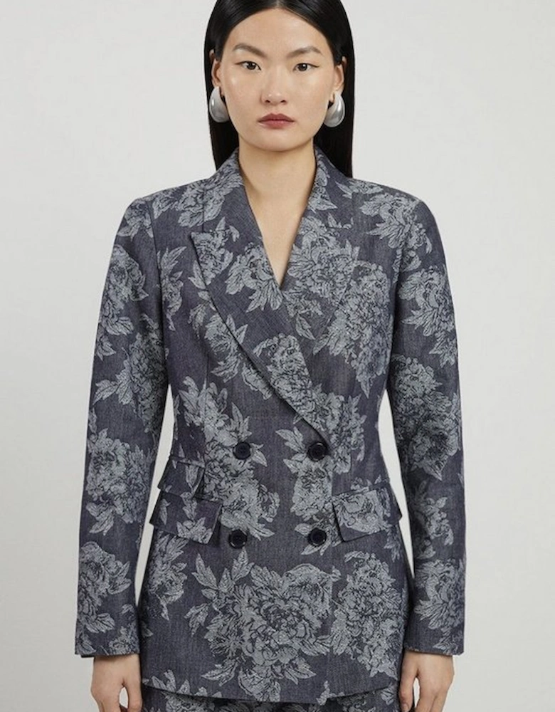 Tailored Floral Denim Double Breasted Blazer