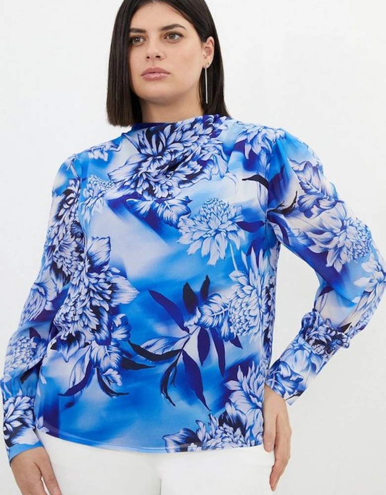 Plus Size Blue Rose Pleated Georgette Woven Blouse