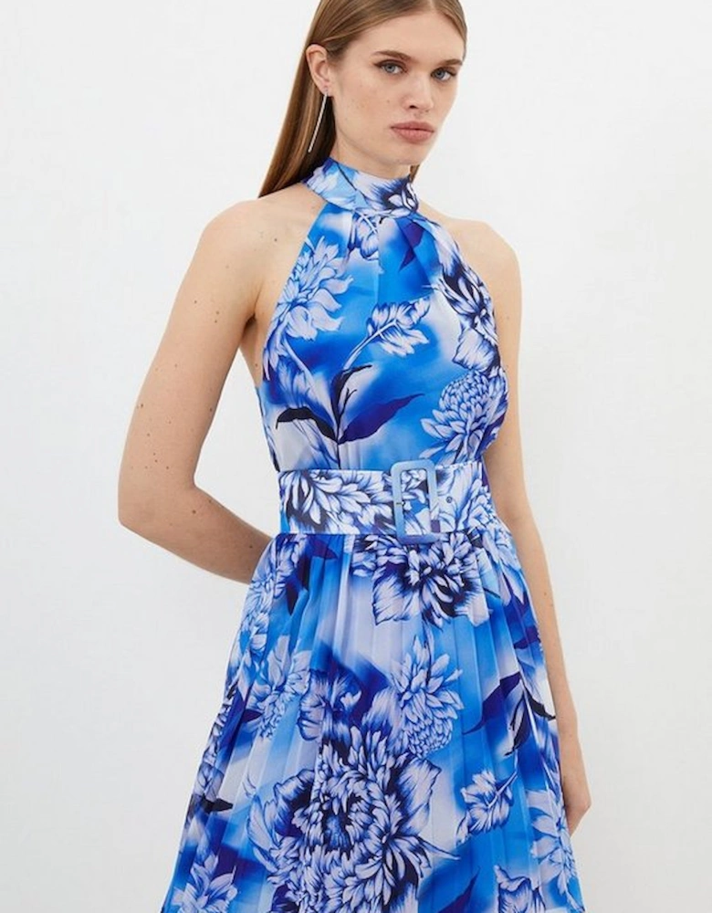 Petite Blue Rose Print Pleated Mini Dress