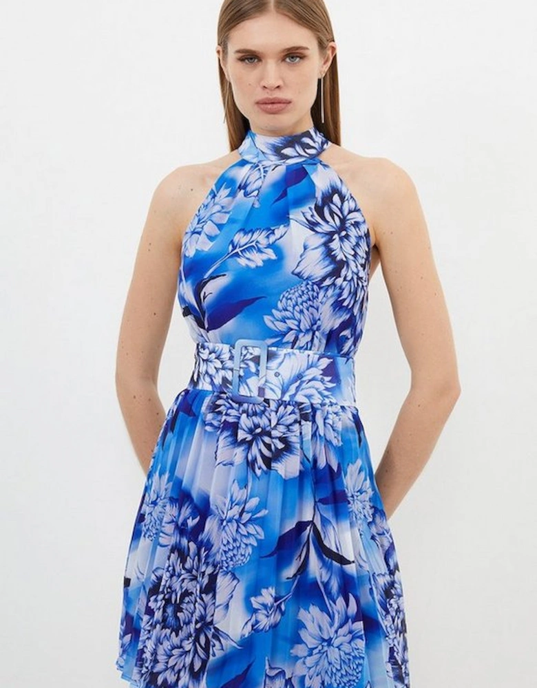 Petite Blue Rose Print Pleated Mini Dress