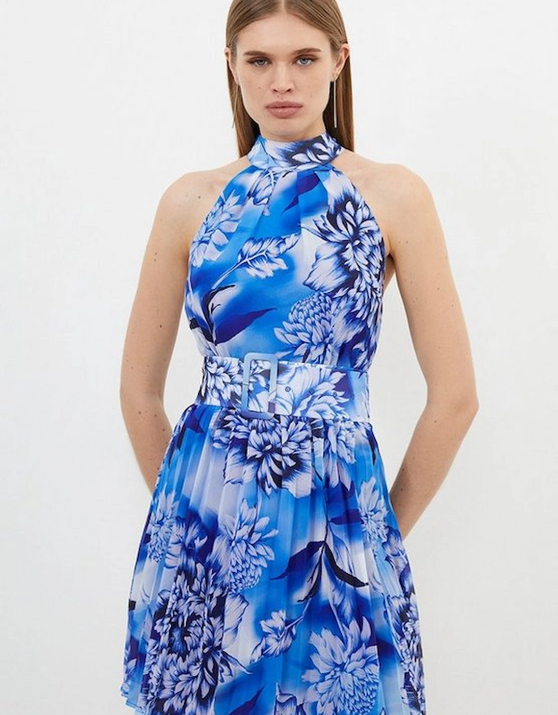 Blue Rose Print Pleated Mini Dress