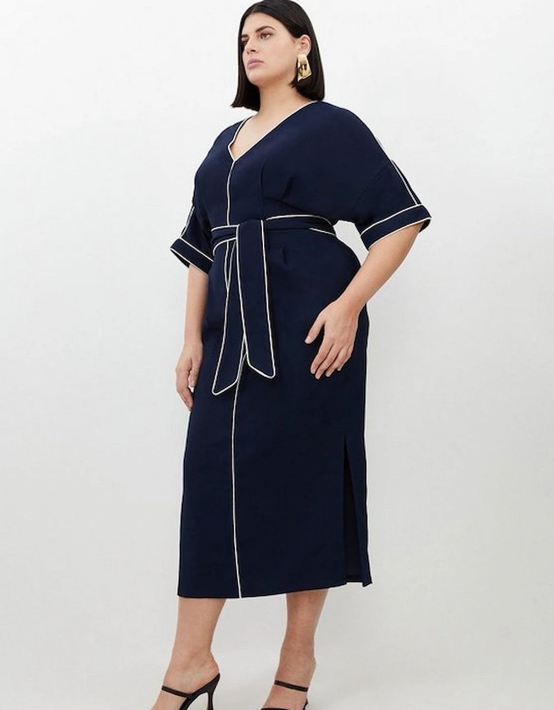Plus Size Contrast Piping Satin Back Crepe Woven Midi Dress