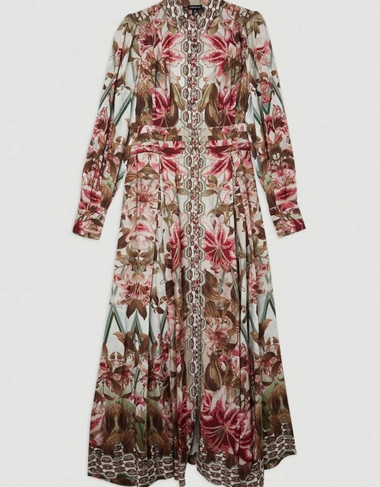 Linen Viscose Border Print Floral Woven Maxi Dress