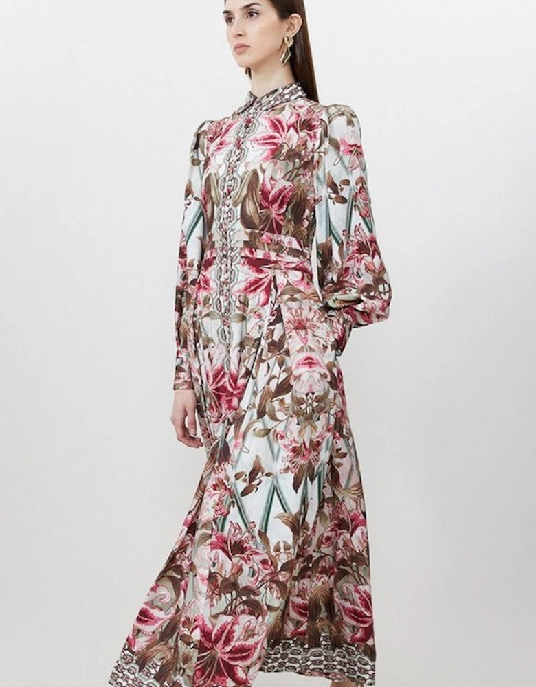 Linen Viscose Border Print Floral Woven Maxi Dress