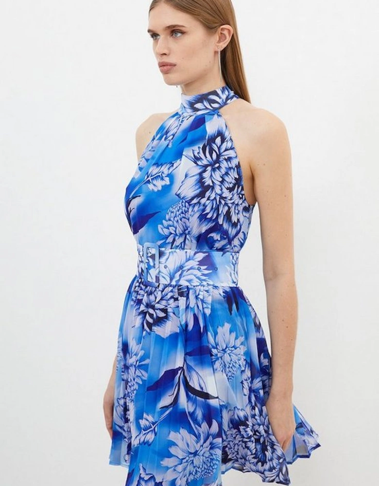 Blue Rose Print Pleated Mini Dress